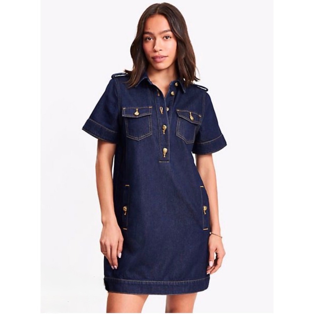 NWT LOFT Indigo Denim Blue Collared Dress Gold Buttons Utility Size XL